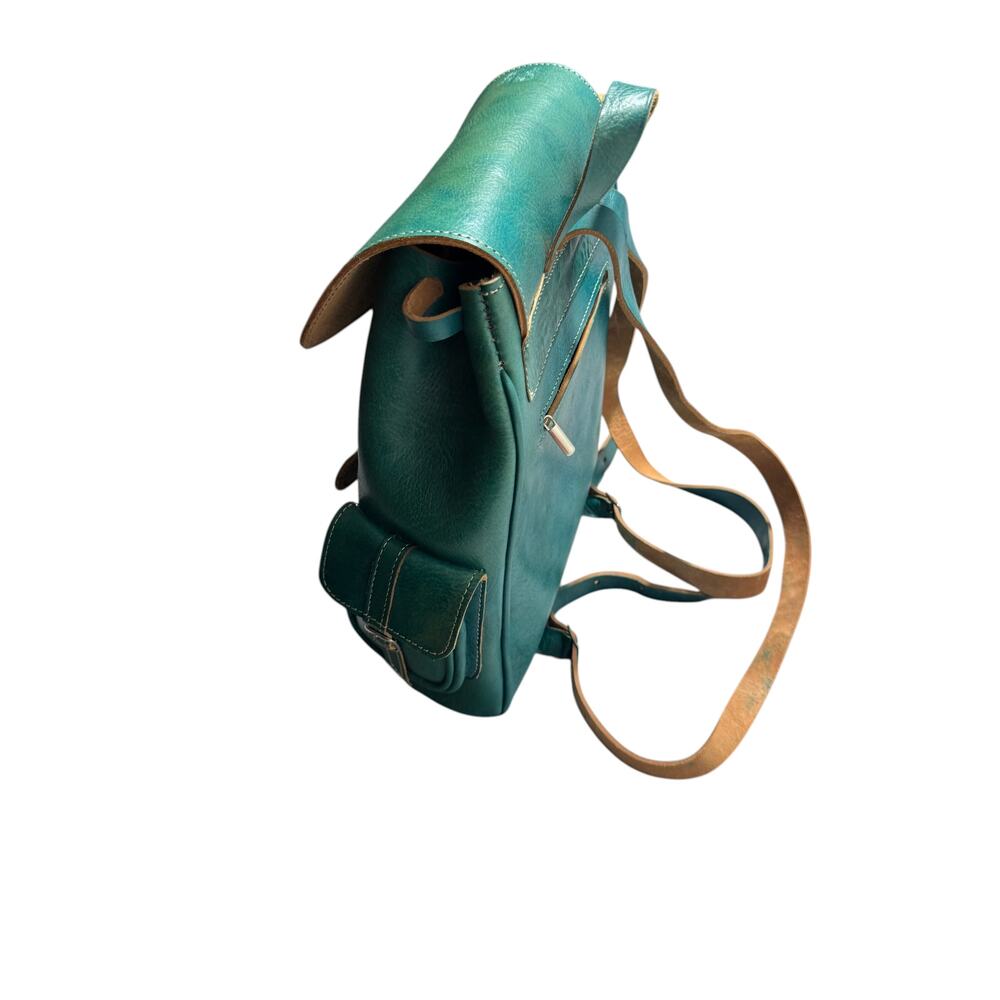 Vintage Backpack Bag Womens Teal Green Leather Rucksack Drawstring Buckle Pocket - Picture 4 of 16